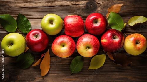 Fototapeta Naklejka Na Ścianę i Meble -  Fresh Red and Green Apples with Leaves on Rustic Wooden Background