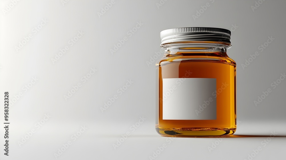 Minimalist Glass Honey Jar Against Pure White Background Minimalist Glass Honey Jar Against Pure White Background