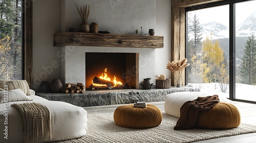 A cozy loft living room with a warm color palette, featuring a stone fireplace, plush sofas, and soft, textured textiles like knitted blankets and wool rugs,