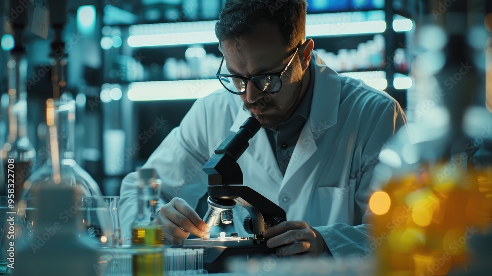 Scientist in lab coat using a microscope in a modern laboratory, surrounded by scientific equipment and test tubes. Scientist in lab coat using a microscope in a modern laboratory, surrounded by scientific equipment and test tubes.