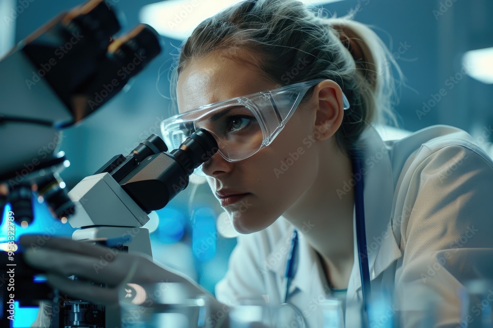 Scientist using a microscope in a laboratory conducting research. Person focused on medical or scientific study in a modern lab setting. Scientist using a microscope in a laboratory conducting research. Person focused on medical or scientific study in a modern lab setting.