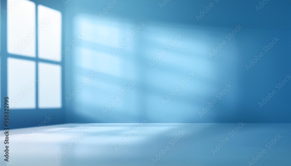 Fototapeta premium Abstract blue studio background for product presentation. Empty room with shadows of window. 3d room with copy space. Blurred backdrop.