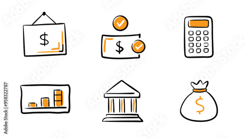Hand-drawn doodle icons representing finance and money.