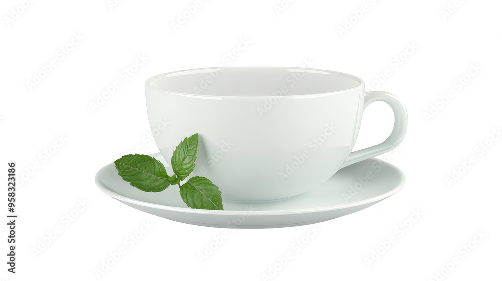 Fototapeta premium White Tea Cup with Saucer and Mint Leaf