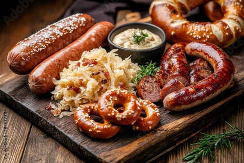 A delicious assortment of sausages, pretzels, and sauerkraut on a wooden platter.