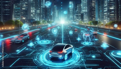 Futuristic Autonomous Car on Smart Road with Advanced Sensing and Communication System, Glowing Nightscape, Self-Driving Vehicle Technology, Driverless Car Network