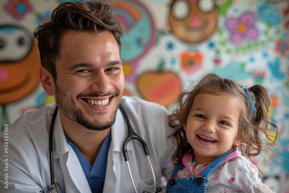 Smiling pediatrician with happy child in colorful clinic. Healthcare worker and kid in cheerful medical environment. Smiling pediatrician with happy child in colorful clinic. Healthcare worker and kid in cheerful medical environment.