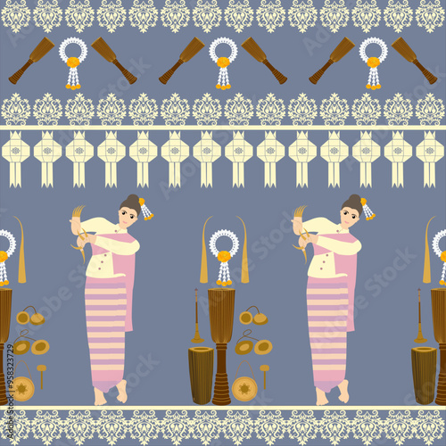 Chiang Mai cultural fabric pattern, women dance with gold fingernails and musical instruments playing music to accompany the dance.Vector illustration.