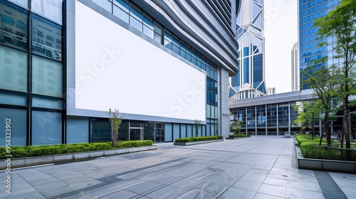 A sleek, modern plaza with a massive blank billboard surrounded by contemporary architecture.