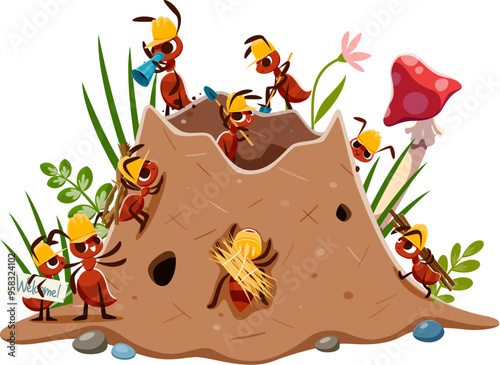 Ant builder characters building anthill with grass and straw twigs, vector cartoon funny insect characters. Ants workers and builders building house home with spades and carrying grass to anthill nest
