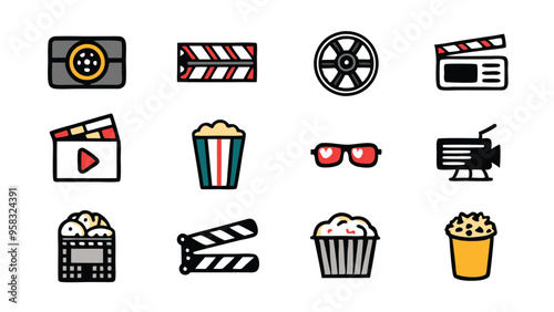Hand-drawn doodle icons of movie-themed items.