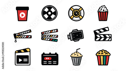 Doodle icons of movie theater items.