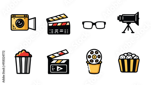 Doodle icons for movie cinema, including camera, clapboard, popcorn, film reel and glasses.