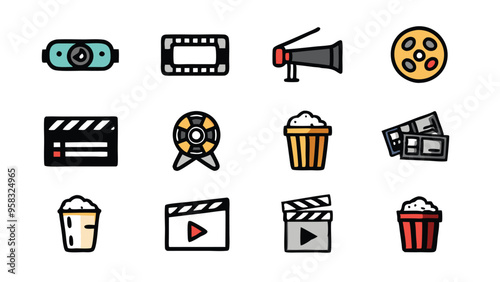 Doodle icons representing various movie cinema elements, including clapperboard, popcorn, film reel, movie camera.