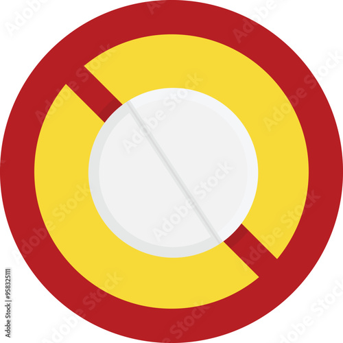 Prohibition sign with a white round pill. Caution symbol against using unknown pills