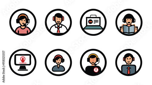 Set of 8 vector icons depicting online support agents and their tools.