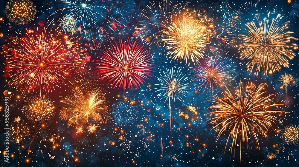 A mesmerizing night sky filled with a dazzling fireworks show, showcasing radiant bursts of red, gold, and blue, creating a spectacular celebration with an awe-inspiring display. A mesmerizing night sky filled with a dazzling fireworks show, showcasing radiant bursts of red, gold, and blue, creating a spectacular celebration with an awe-inspiring display.
