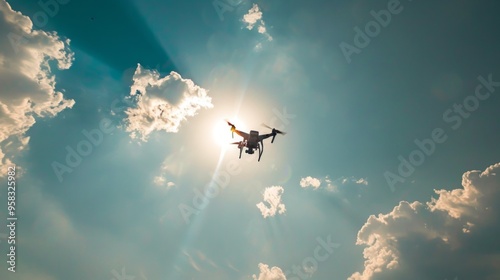 A drone with four legs flies in a blue sky with white clouds, silhouetted against the sunlight.