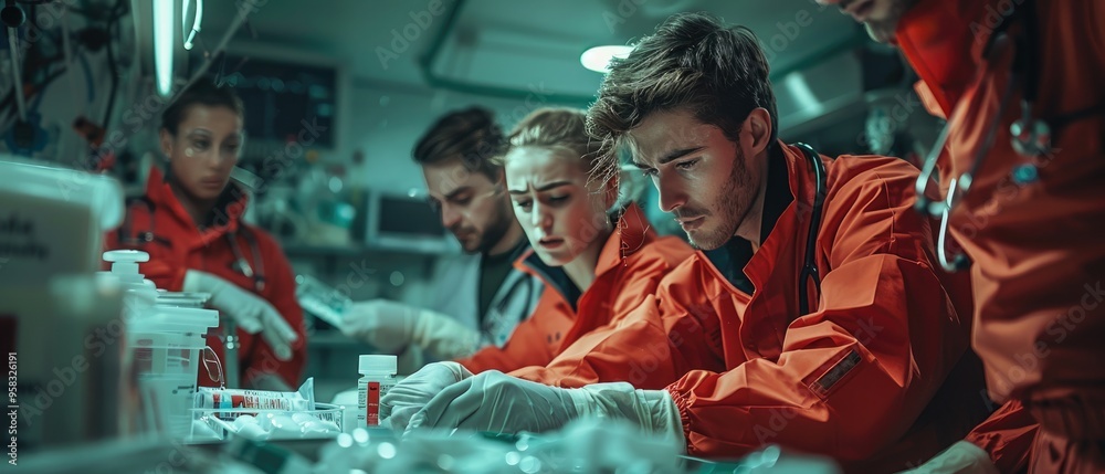 Team of dedicated paramedics and medics in red uniforms working together on a patient in a critical care environment. Team of dedicated paramedics and medics in red uniforms working together on a patient in a critical care environment.