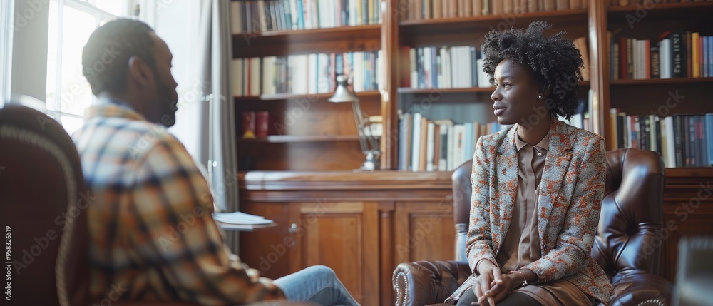 Two people having a serious conversation in a library setting, seated in front of wooden bookshelves filled with books. Two people having a serious conversation in a library setting, seated in front of wooden bookshelves filled with books.