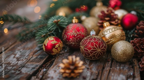 Christmas background. Red and gold baubles, golden lights, fir branches on wooden table.