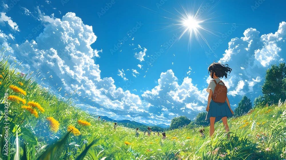 Naklejka premium Anime-style illustration of students playing and laughing under a clear blue sky, with sunny weather and various weather elements, showcasing the joy and innocence of childhood.