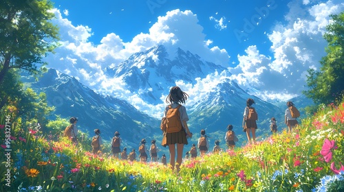Delightful anime depiction of school children basking in the sunshine with a vibrant blue sky, showing their happiness and playful activities in different weather conditions.