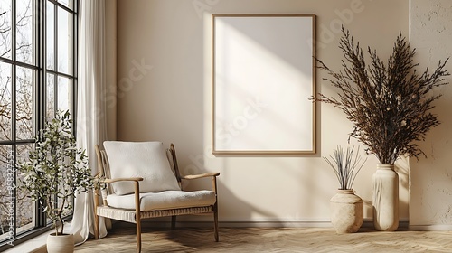 Natural light floods a minimalist living room, accentuating a blank canvas and neutral decor.