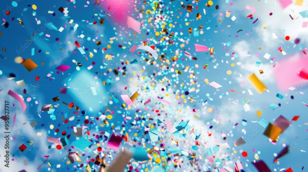 Imagine a grand celebration with confetti falling gracefully from above, filling the air with vibrant colors and joy