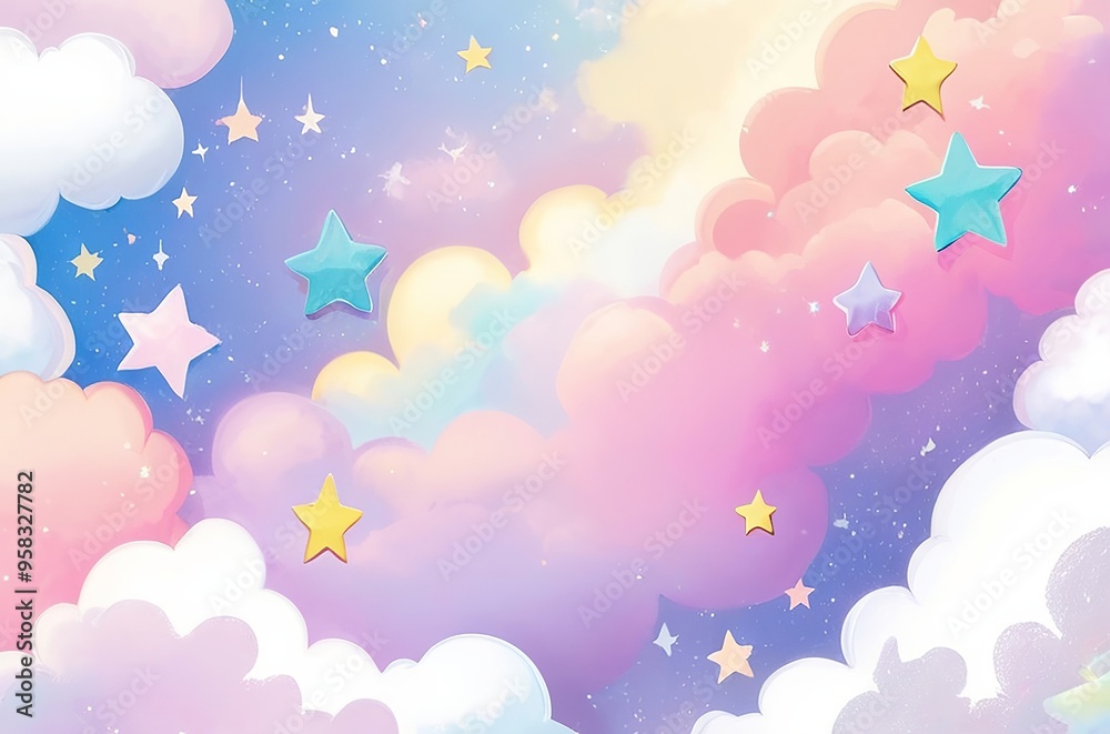 Bright backdrop adorned with glimmering pastel stars and fluffy, candy-colored clouds. Made with generative AI technology Bright backdrop adorned with glimmering pastel stars and fluffy, candy-colored clouds. Made with generative AI technology
