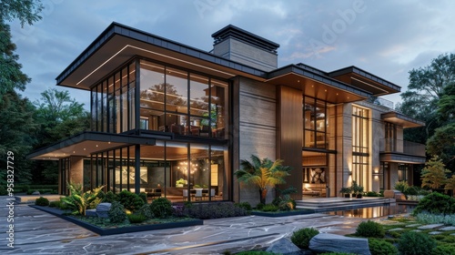 A luxury modern house with extensive glass windows and lush landscaping in a twilight setting, creating an elegant and serene atmosphere.