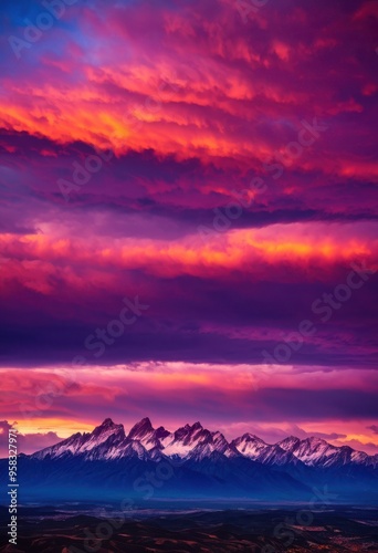 breathtaking mountain silhouettes framed vibrant sunset hues colorful sky dramatic cloud patterns, landscape, nature, view, scenery, dusk, beauty, outline photo