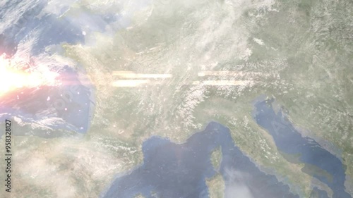 Earth zoom in from space and focus on Aix les Bains, France. Background for travel intro or blog. Satellite view. 3D style Animation. Images from NASA.