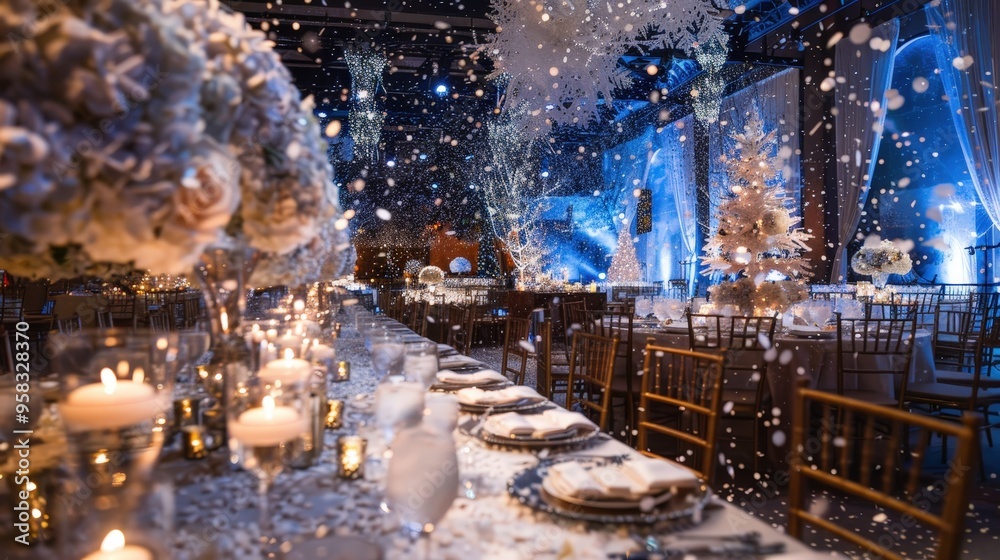 Imagine a holiday party where silver confetti mingles with snowflakes, creating a winter wonderland effect Imagine a holiday party where silver confetti mingles with snowflakes, creating a winter wonderland effect