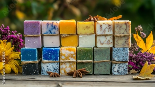 A stack of handmade soaps with fall fragrances like cinnamon and clove photo