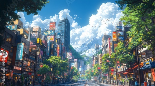Detailed anime representation of a Japanese city, featuring a bright blue sky and diverse weather conditions, emphasizing the liveliness of the city without any human presence.