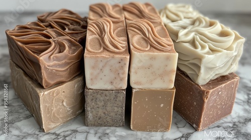 A stack of handmade soaps with fall fragrances like cinnamon and clove photo