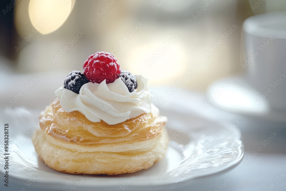 Delicate puff pastry with cream and berries