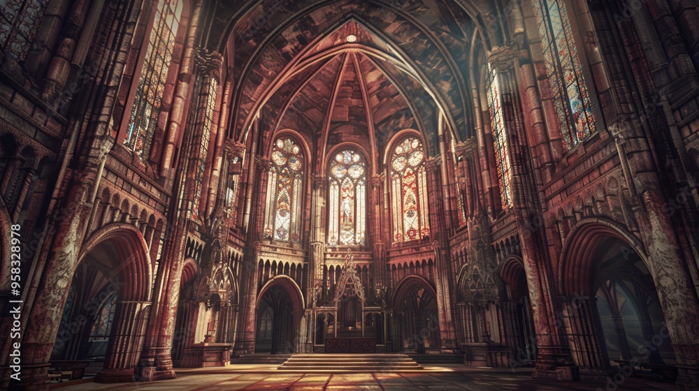 Fototapeta premium Gothic Cathedral Interior with Stained Glass Windows and Light Beams