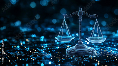 Digital scales of justice on a digital background, with blue glowing lights, representing the balance between business and technology in cyber law