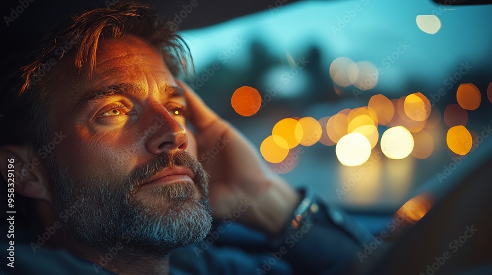 A contemplative man gazes out of a car window at city lights during twilight while driving through an urban area A contemplative man gazes out of a car window at city lights during twilight while driving through an urban area