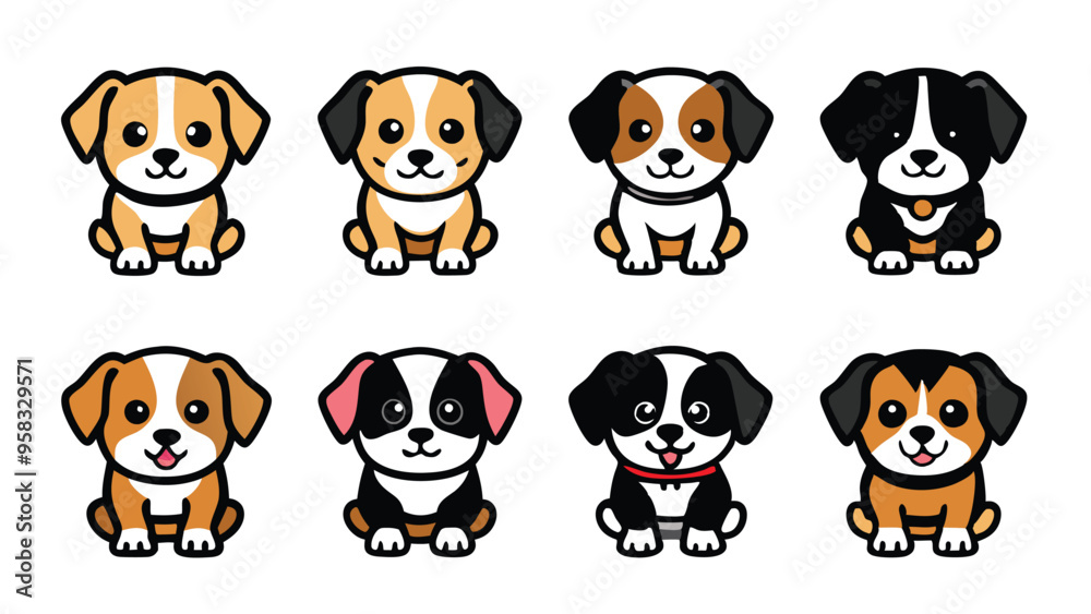 Cute cartoon puppy dogs in various poses and colors. Cute cartoon puppy dogs in various poses and colors.