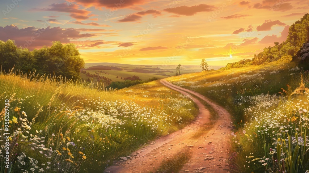 Fototapeta premium serene country road winding through rolling hills, with a golden sunset casting a warm glow over the landscape