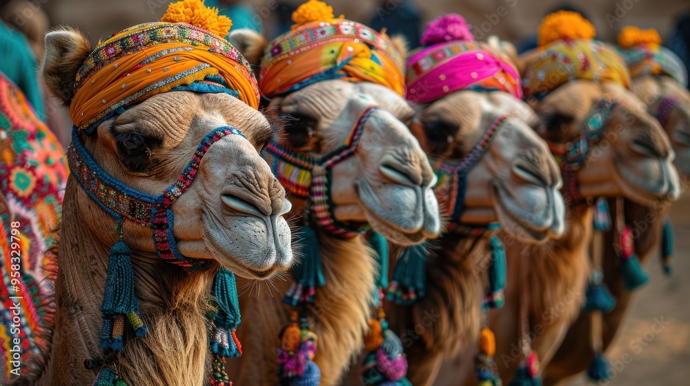 Fototapeta premium A group of camels with colorful hats and tassels