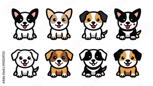 A set of eight cute puppy dog illustrations, each with a different color combination and expression.