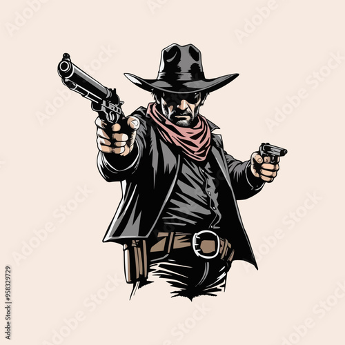 Cowboy with gun mascot logo. Cool bandit cowboy logo design, Western Gunslinger Bandit Wild West Cowboy Gangster illustration