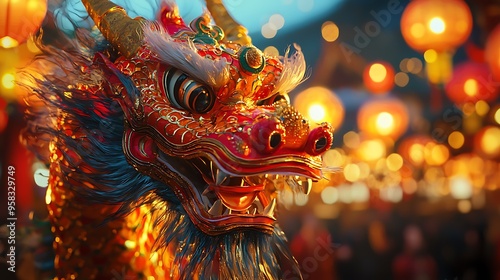 A vibrant Chinese dragon dance unfolds, lit by the glow of red lanterns and festive energy.