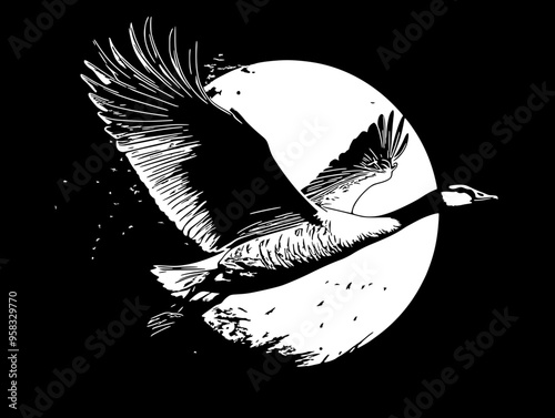 A vector illustration of a goose flying in front of a full moon, capturing the grace of movement and the beauty of nocturnal nature.