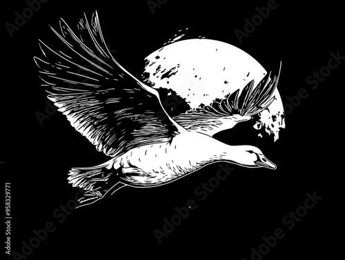A vector illustration of a goose flying in front of a full moon, capturing the grace of movement and the beauty of nocturnal nature.