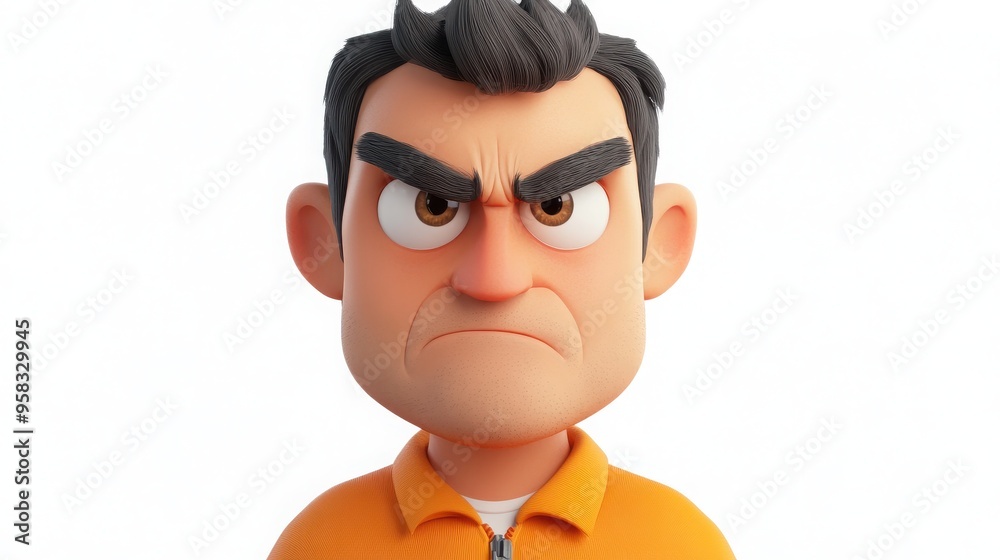 A 3D cartoon character with a determined expression, jaw set, eyes focused, on a white background A 3D cartoon character with a determined expression, jaw set, eyes focused, on a white background